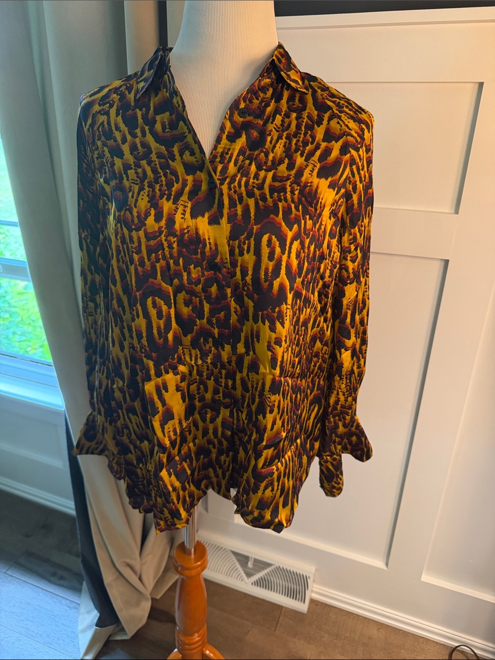 All Saints Yellow and Brown Animal-Print Button Blouse